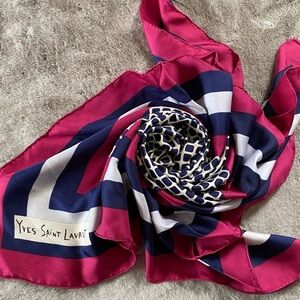Vintage Yves Saint Laurent Silk Scarf Square Pink Blue Diamond Pattern Logo